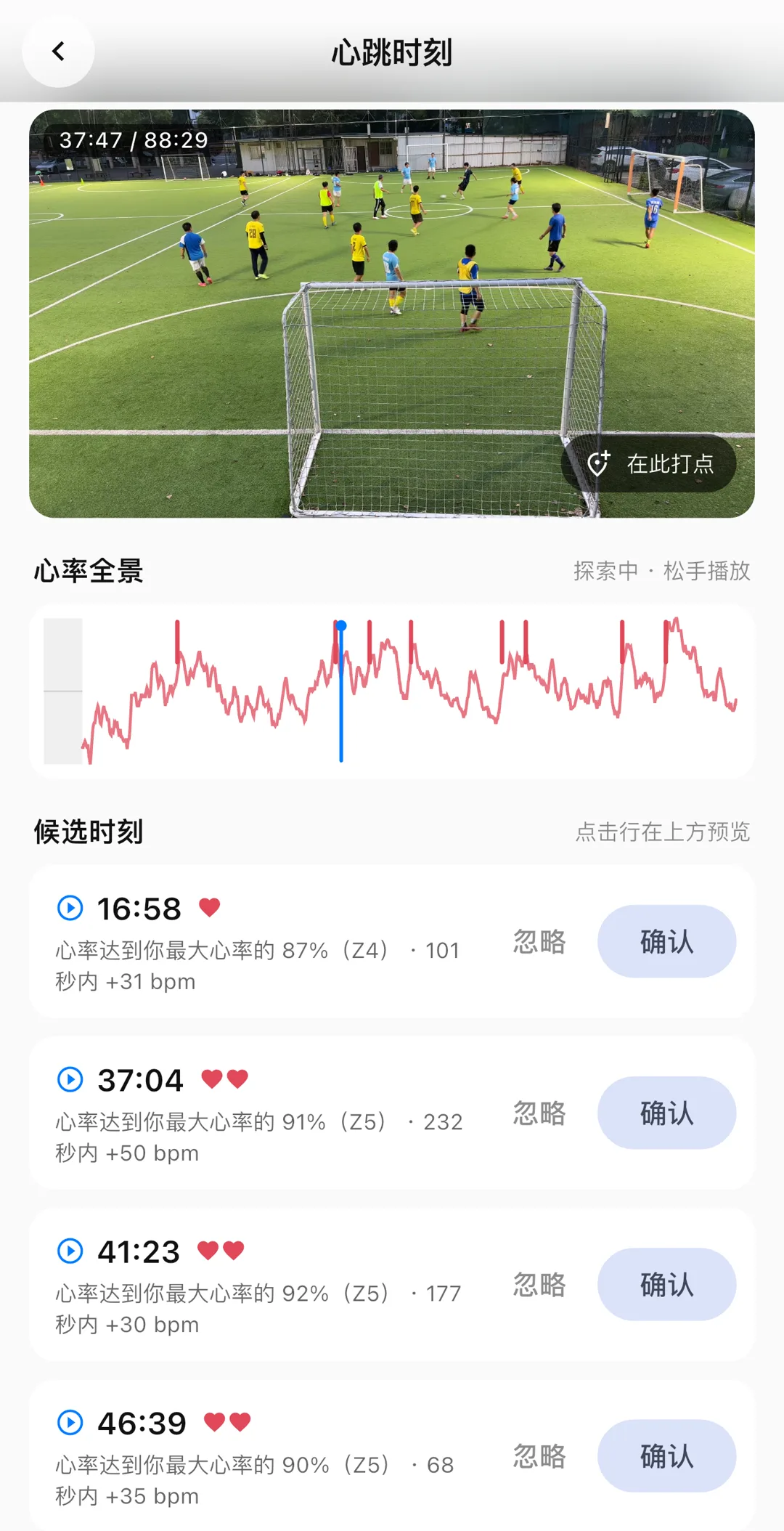 心跳时刻页：心率全景曲线与候选时刻列表，标注最大心率百分比与区间